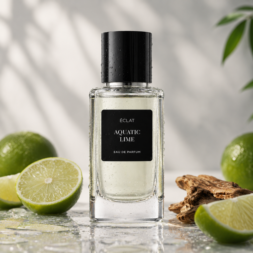 Facettierter Glasflakon von ÉCLAT Aquatic Lime mit schwarzem Verschluss, umgeben von frischen Limettenscheiben und natürlichen Holzakzenten.