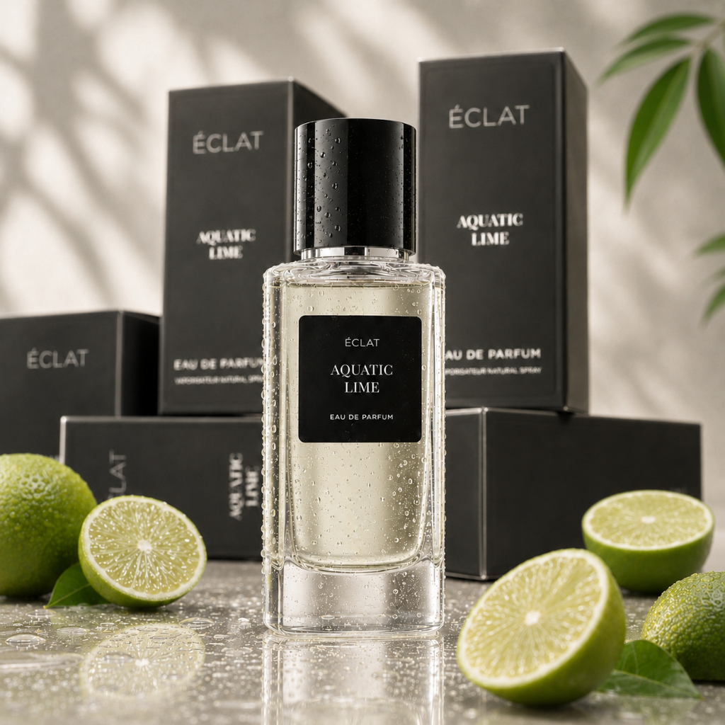 Der Duft ÉCLAT Aquatic Lime präsentiert sich in einem klaren Glasflakon mit schwarzem Verschluss, umgeben von frischen Limettenhälften und eleganter schwarzer Verpackung.
