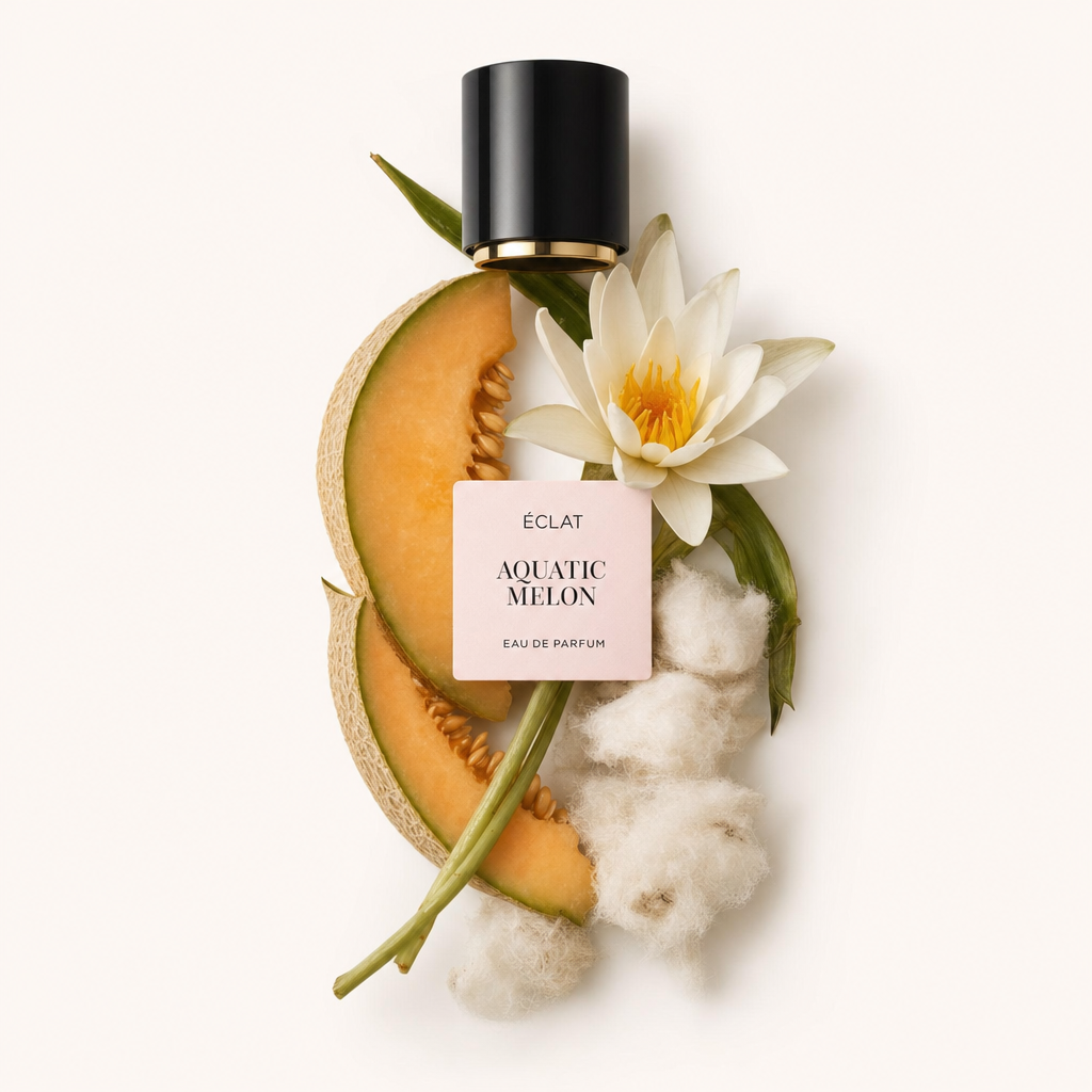 Ein harmonisches Arrangement aus Melonenscheiben, einer weißen Seerose und weicher Baumwolle, mit der ÉCLAT Aquatic Melon-Kappe darüber.