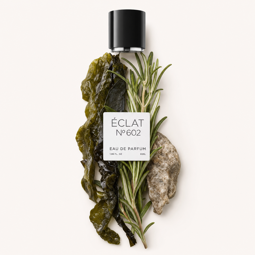 Ein Arrangement aus Algen, Rosmarin und Stein neben der originalen schwarzen ÉCLAT-Kappe mit Etikett.