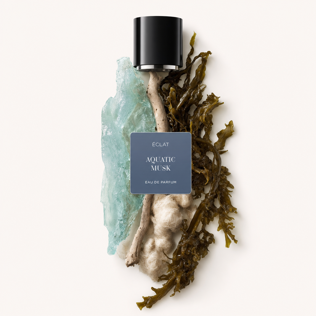 Ein Arrangement aus aquamarinfarbenem Kristall, Treibholz und Seetang ist elegant unter einer schwarzen Kappe mit der Aufschrift ÉCLAT Aquatic Musk komponiert.