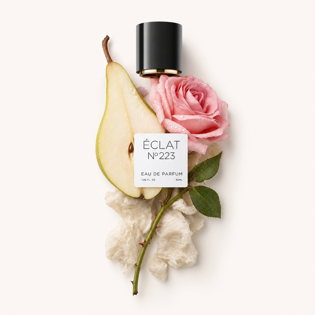 Ein arrangiertes Stillleben mit einer aufgeschnittenen Birne, einer taufrischen rosa Rose und einem Stiel mit grünen Blättern, umgeben von einer schwarzen Kappe von ÉCLAT Aquatic Rose mit elegantem Etikett.
