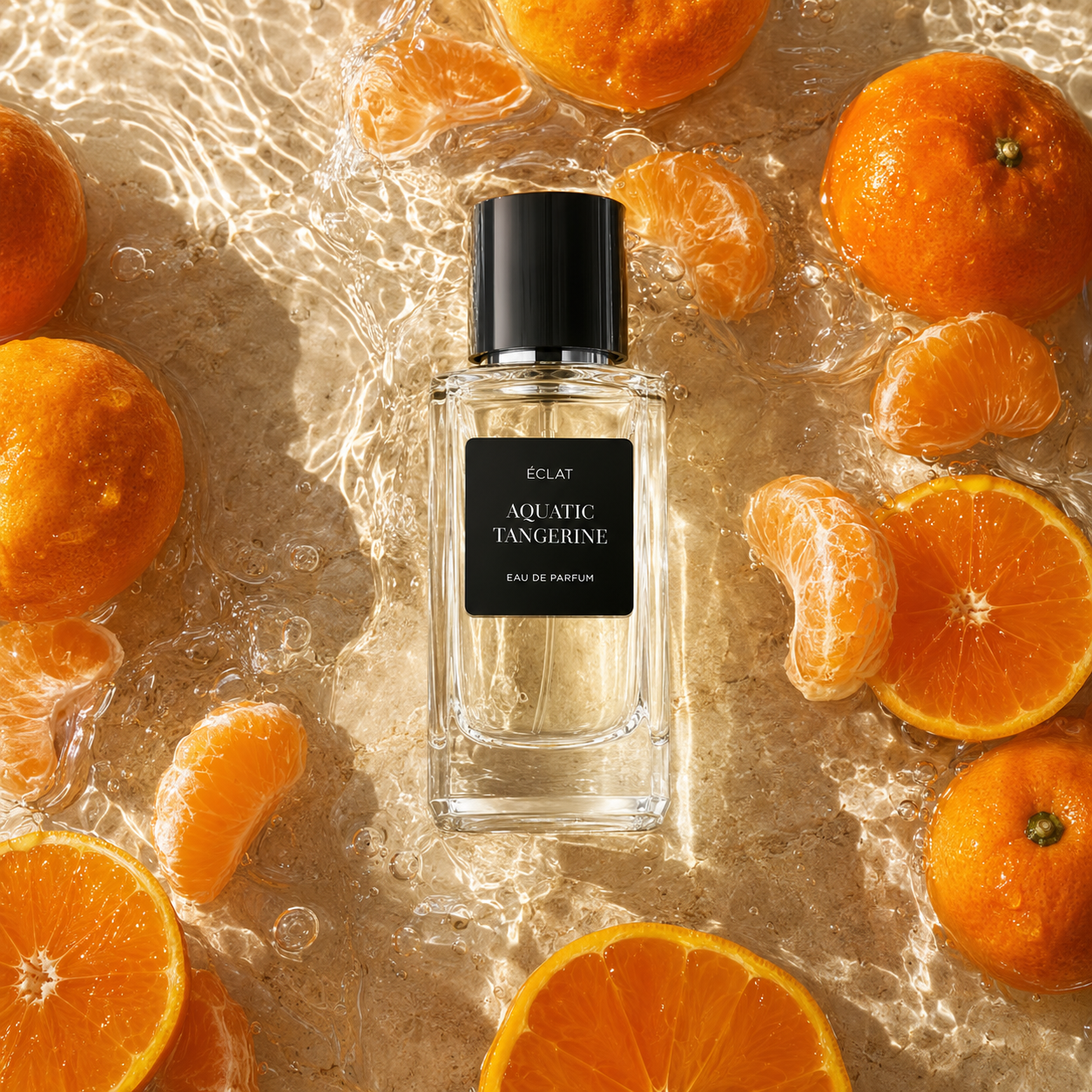 Ein facettierter Glasflakon von ÉCLAT Aquatic Tangerine Eau de Parfum ist von frischen Mandarinen und Segmenten auf einer schimmernden Wasseroberfläche umgeben.