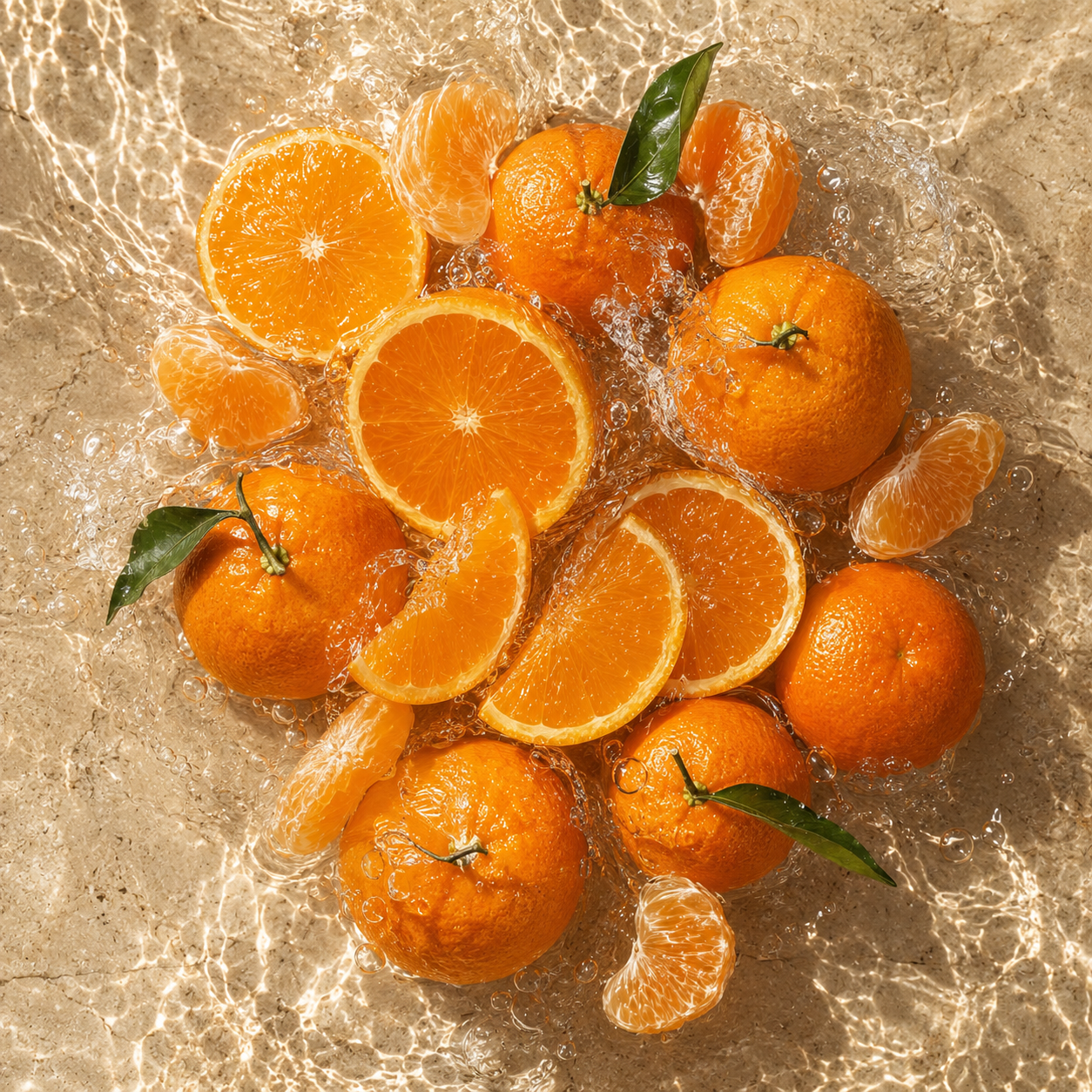 Ein lebhaftes Arrangement aus ganzen und geschnittenen Orangen und Mandarinen, umgeben von Wasser auf einer Steinoberfläche, verkörpert ÉCLAT Aquatic Tangerine.