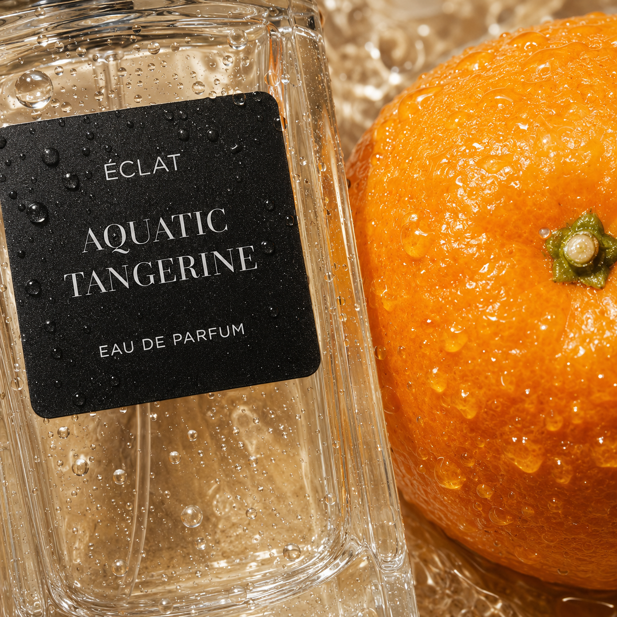 Facettierter Glasflakon von ÉCLAT Aquatic Tangerine mit schwarzem Etikett neben einer frischen Mandarine, verziert mit Wassertropfen.