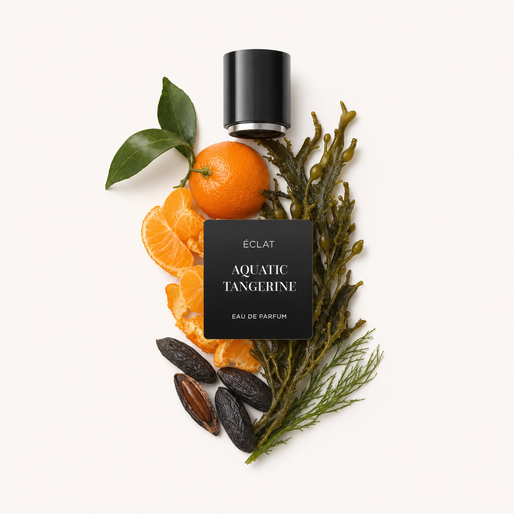 Ein sorgfältig arrangiertes Stillleben der Duftnoten von ÉCLAT Aquatic Tangerine mit frischen Mandarinen, Algen und Tonkabohnen, darüber ein schwarzer Verschluss mit Etikett.