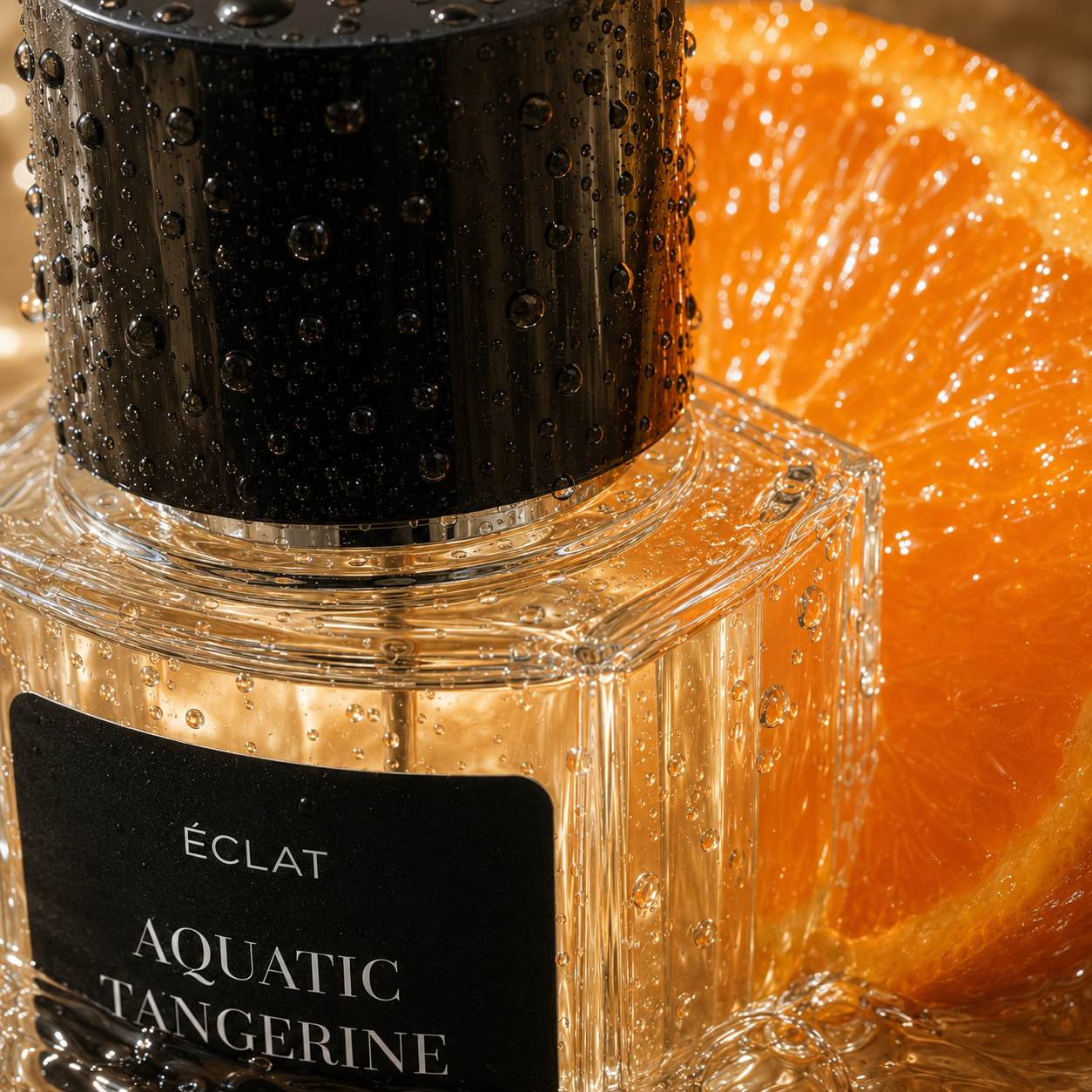 ÉCLAT Aquatic Tangerine in einem facettierten Glasflakon mit schwarzer Kappe, verziert mit Wassertropfen und einer frischen Mandarinen-Scheibe im Hintergrund.