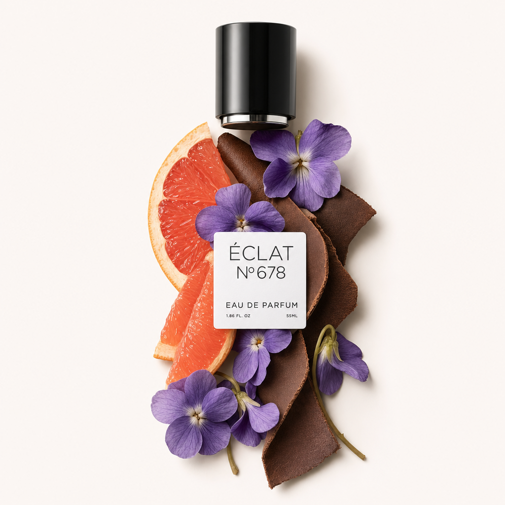 Ein Arrangement aus Veilchenblüten, Grapefruitscheiben und gebogenem braunem Leder umgibt eine schwarze Kappe mit ÉCLAT-Etikett.
