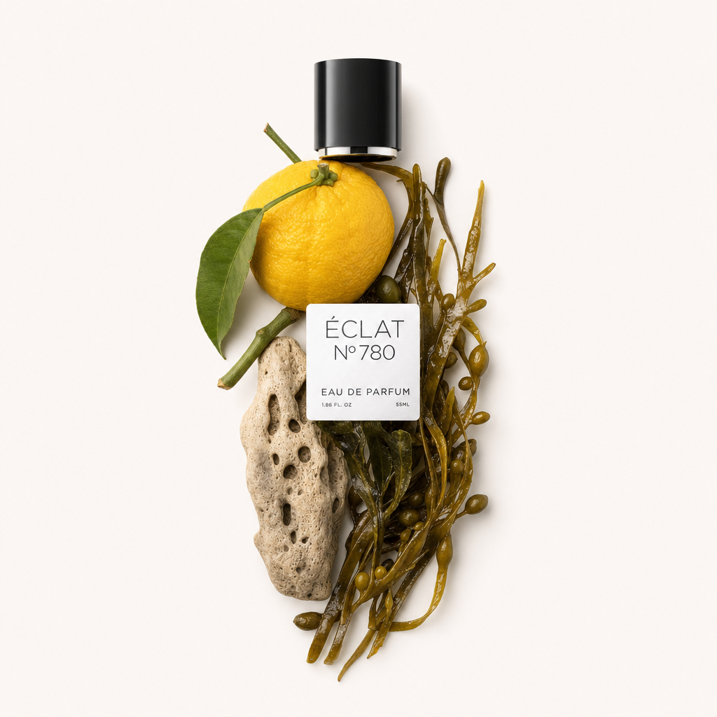 Ein Arrangement aus Yuzu-Frucht, Seetang und einem Korallenstück umgibt die schwarze ÉCLAT-Kappe mit Etikett.