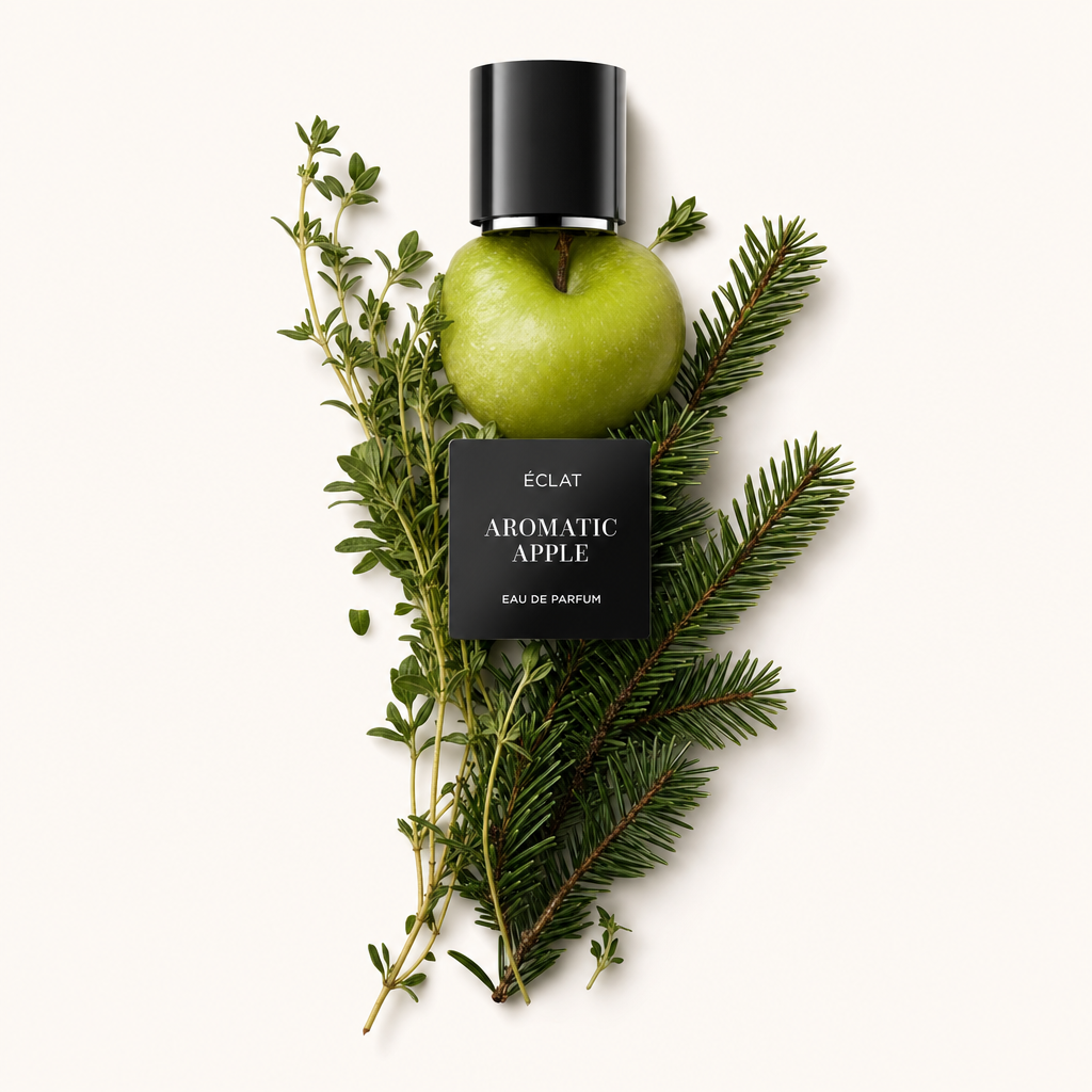 Arrangement aus einem knackigen grünen Apfel mit Zweigen von frischem Thymian und Kiefernzweigen, gekrönt von einer schwarzen Kappe mit ÉCLAT Aromatic Apple Etikett.