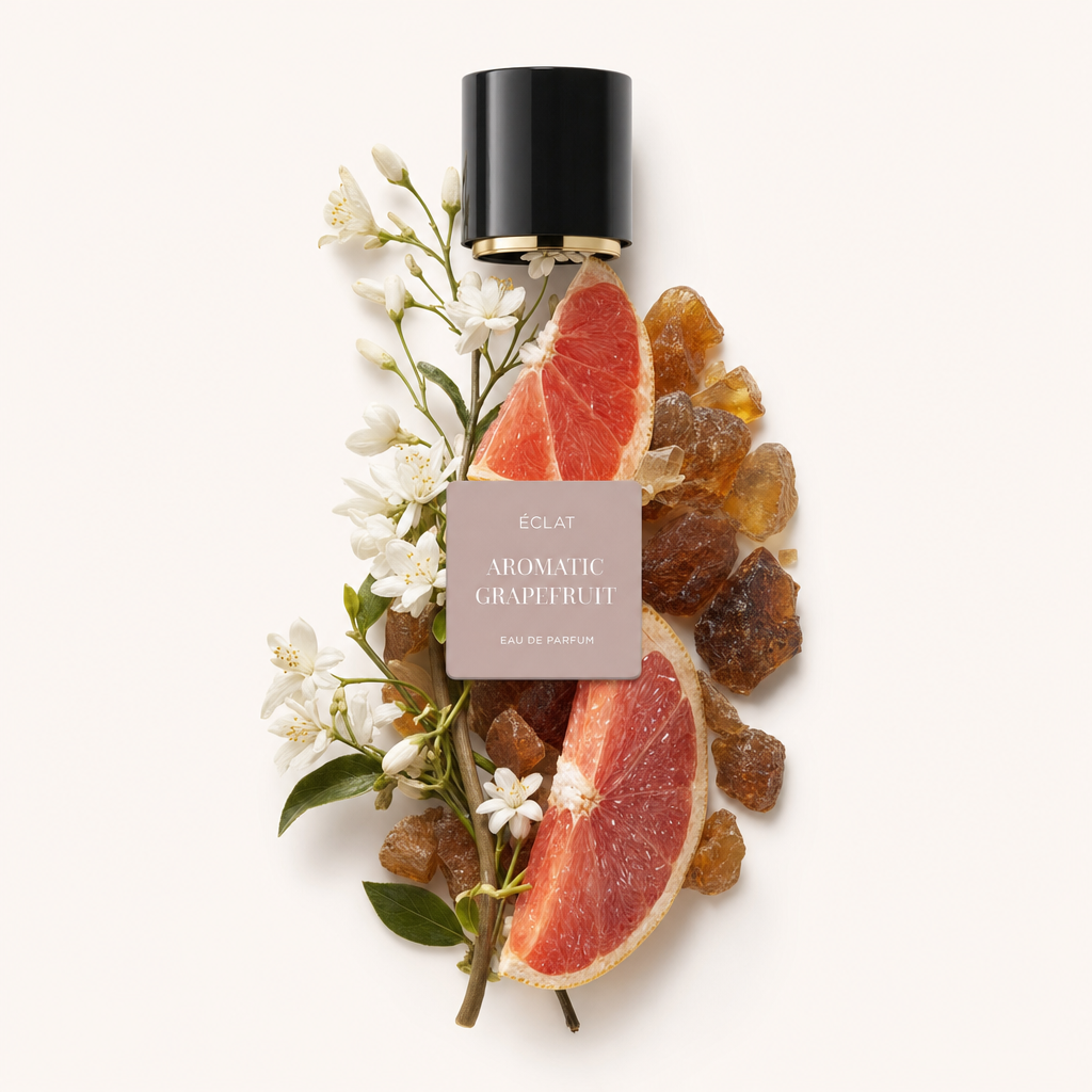 Ein Arrangement aus frischen Grapefruitscheiben, weißen Blüten und Bernstein-Kristallen umgibt die originale schwarze ÉCLAT-Kappe mit Etikett.