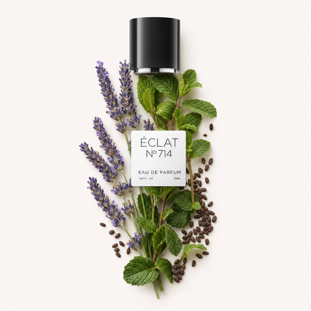 Ein Arrangement aus Lavendelzweigen und frischen Minzblättern, ergänzt durch Kaffeebohnen, umgibt die originale schwarze Verschlusskappe mit ÉCLAT Aromatic Lavender-Etikett.