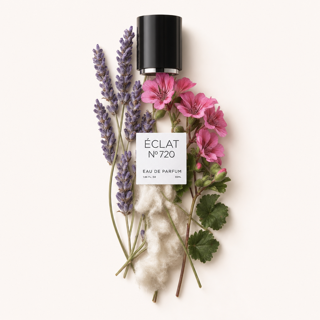 Ein Arrangement aus Lavendelzweigen, pinken Geranienblüten und Baumwollfasern umgibt eine schwarze Kappe mit ÉCLAT-Etikett.