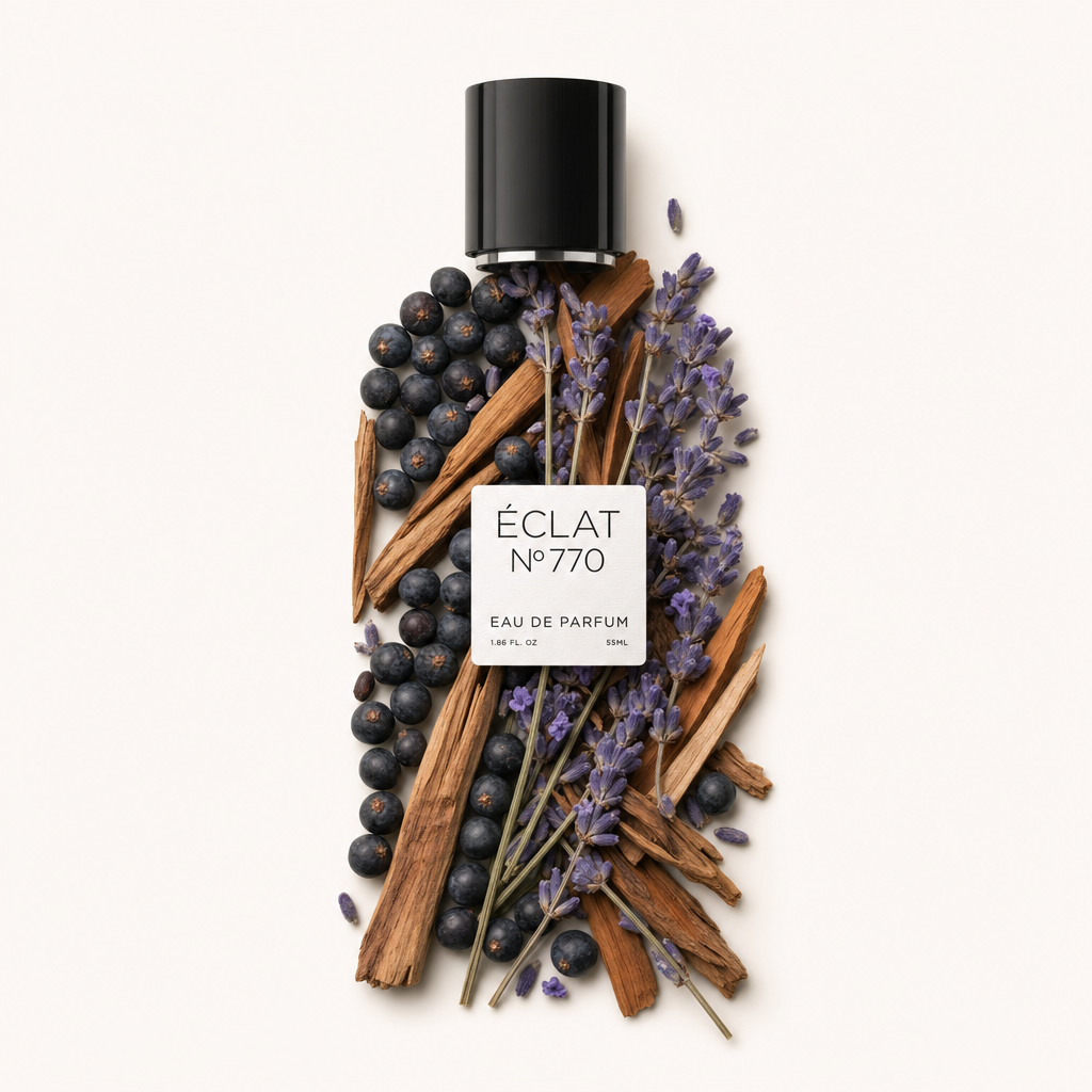 Ein Arrangement aus Sandelholzstäbchen, Wacholderbeeren und Lavendelzweigen umgibt eine schwarze Verschlusskappe mit Etikett von ÉCLAT Aromatic Sandalwood.