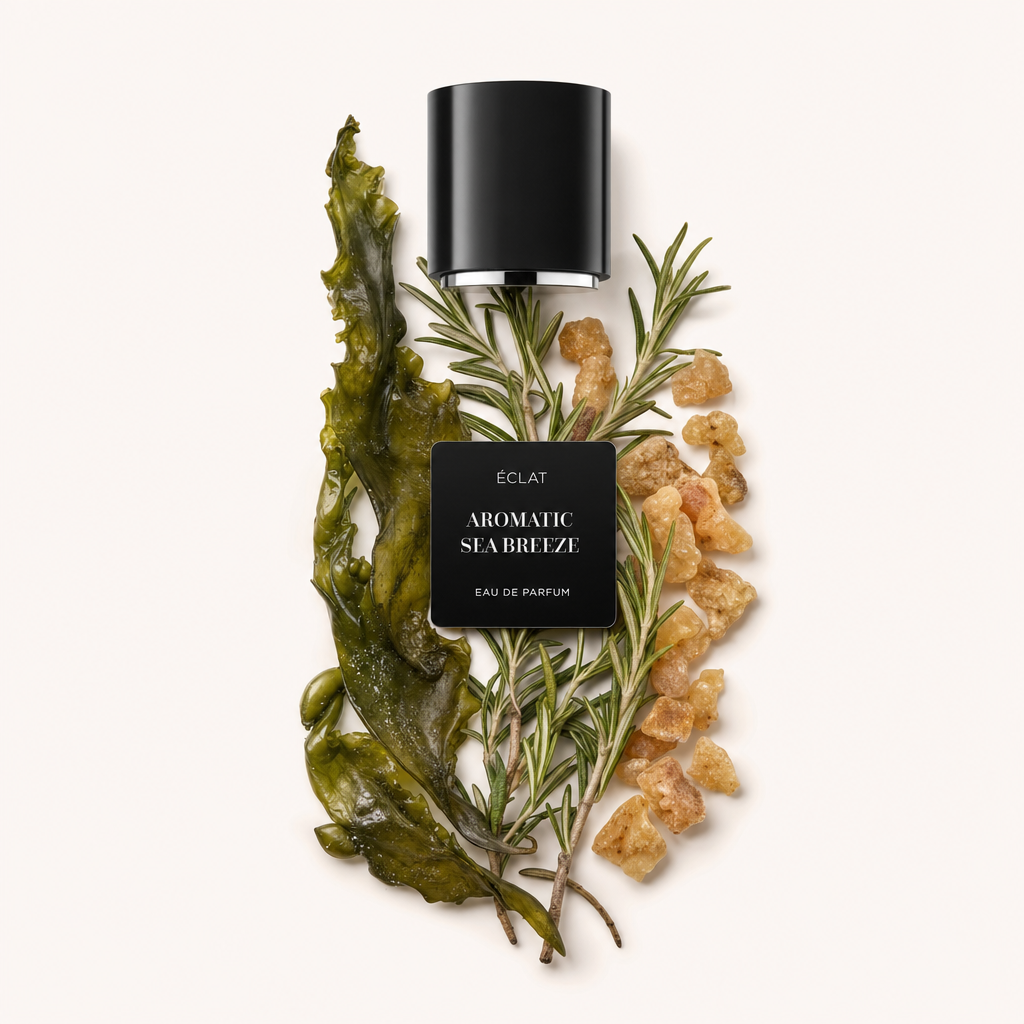 Ein Arrangement aus Seetang, Rosmarinzweigen und Bernsteinharzstücken umgibt eine schwarze Kappe mit dem Etikett ÉCLAT Aromatic Sea Breeze.