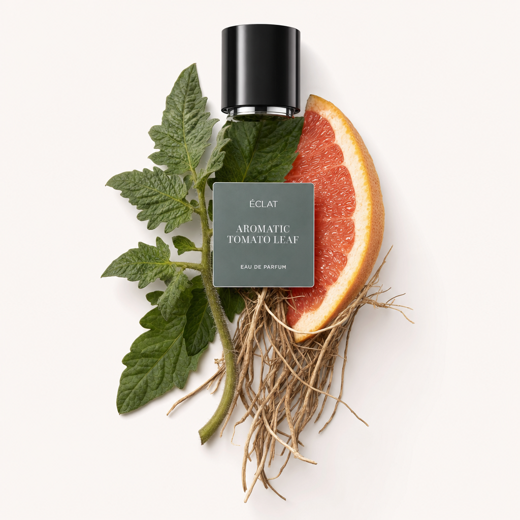Ein von Hand arrangiertes Stillleben aus Tomatenblättern, einer Grapefruitscheibe und Pflanzenwurzeln; darüber eine schwarze Kappe mit dem Etikett ÉCLAT Aromatic Tomato Leaf.