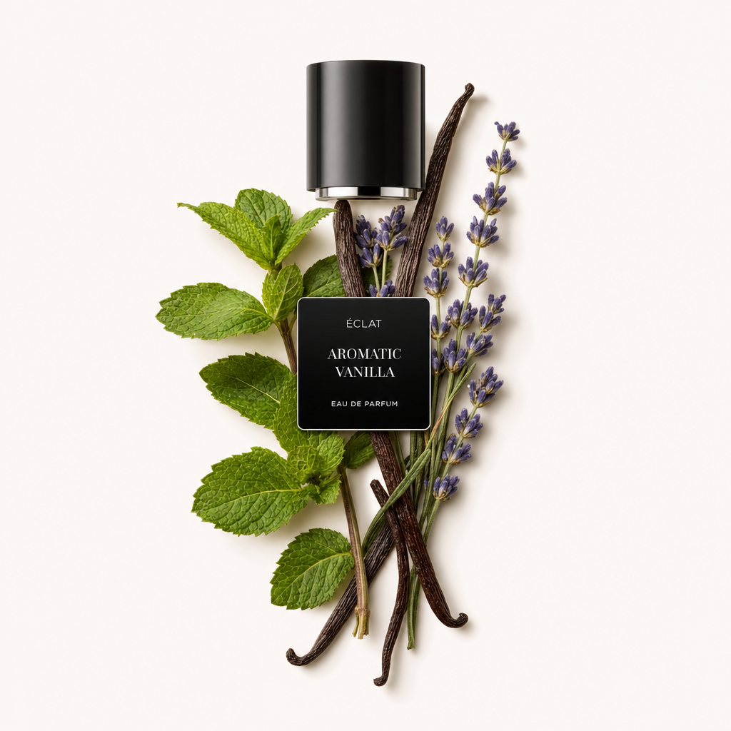 Ein raffiniertes Arrangement aus Minzblättern, Lavendelzweigen und Vanilleschoten umgibt eine schwarze Kappe mit ÉCLAT Aromatic Vanilla Etikett.