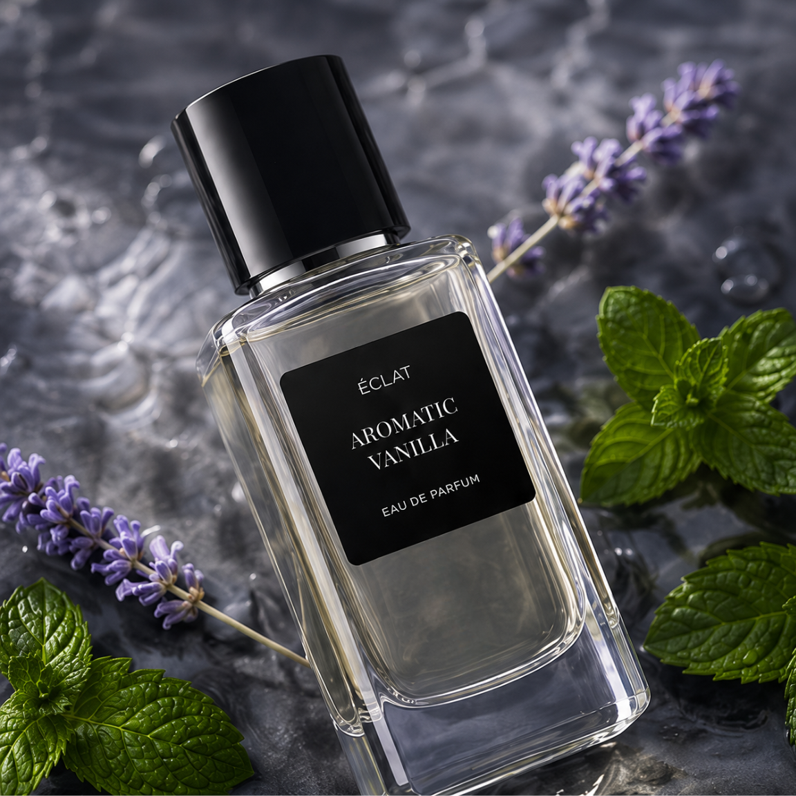 Der facettierte Glasflakon von ÉCLAT Aromatic Vanilla mit schwarzer Kappe ist elegant mit Lavendelzweigen und frischen Minzblättern auf einer strukturierten Oberfläche arrangiert.