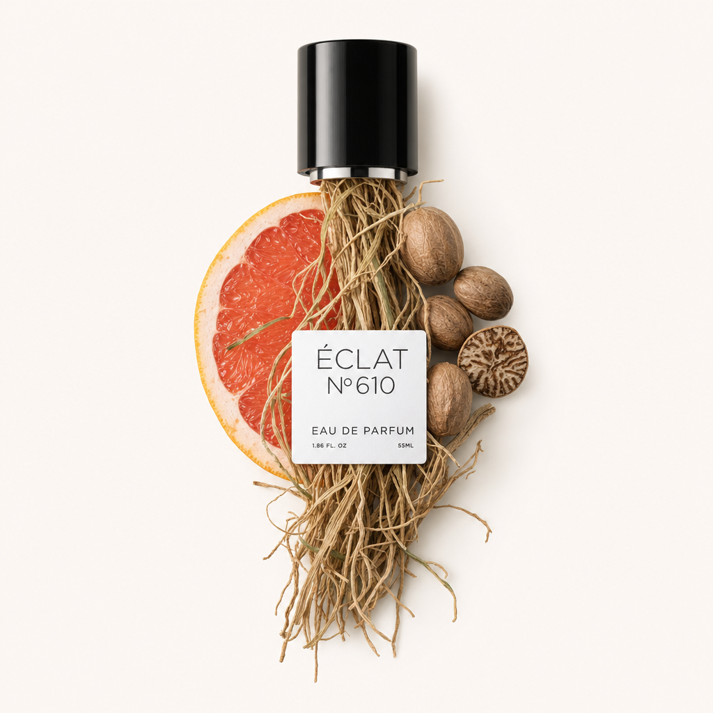 Ein Arrangement aus Vetiverwurzeln, einer halben Grapefruit und Muskatnuss umgibt eine schwarze Kappe mit einem Etikett für ÉCLAT Aromatic Vetiver.