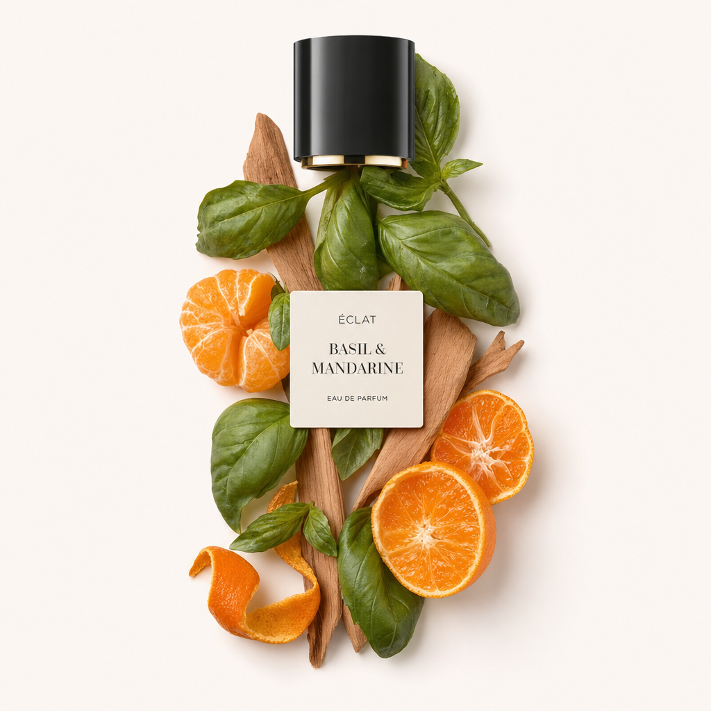 Ein Arrangement aus frischen Basilikumblättern, Mandarinenstücken und Zitrusschalen auf einem Holzuntergrund, mit der schwarzen Kappe von ÉCLAT Basil & Mandarine im Zentrum.