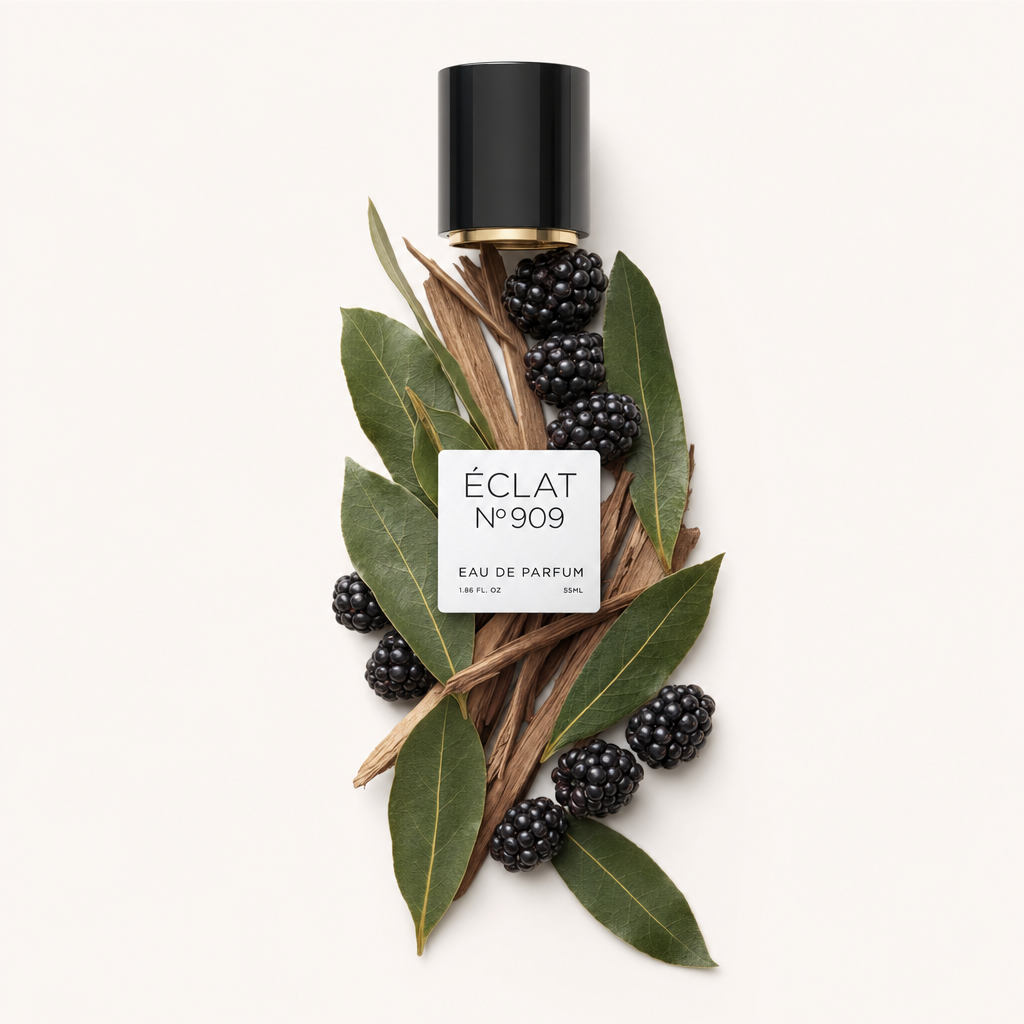 Ein Arrangement aus frischen Brombeeren und Lorbeerblättern umgibt eine schwarze Verschlusskappe mit Etikett, die ÉCLAT Bay Leaf & Blackberry repräsentiert.