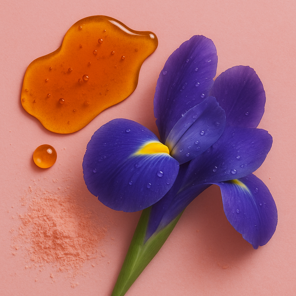 Oranger Karamellsirup, rosa Pulver und eine violette Schwertlilie auf rosa Hintergrund.