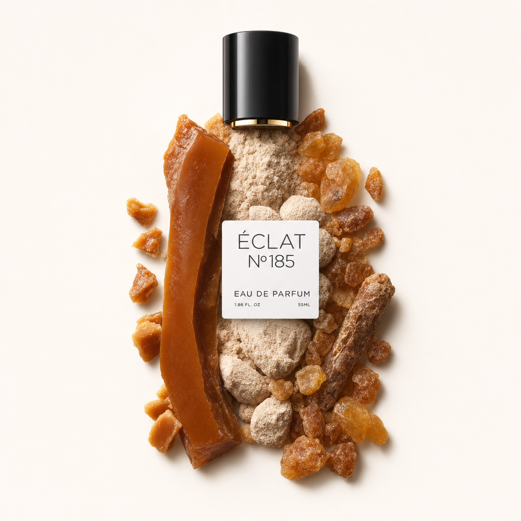 Ein Arrangement aus Benzoeharz und Karamellstücken umgibt eine schwarze Verschlusskappe mit einem Etikett für ÉCLAT Benzoin & Caramel.