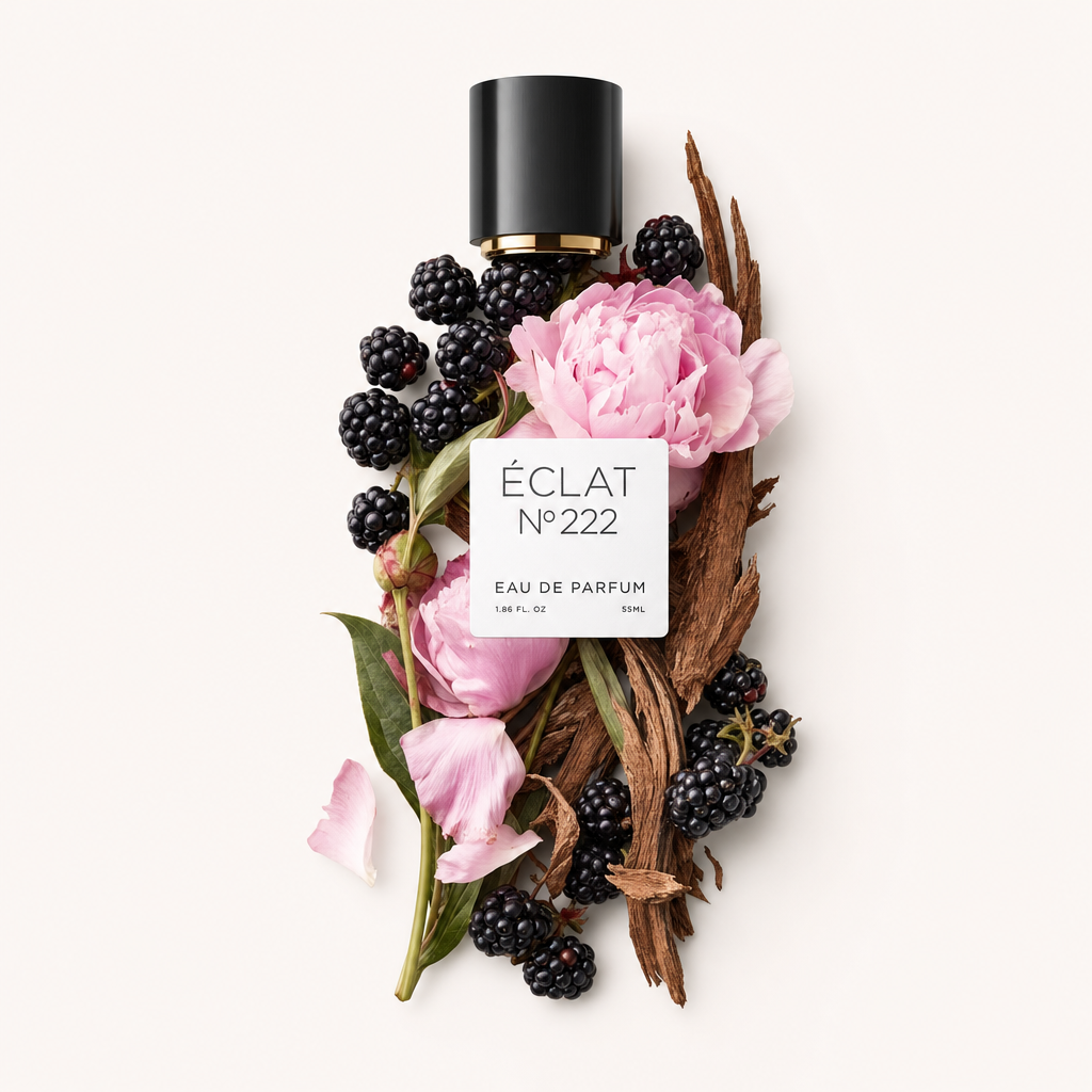 Ein Arrangement aus rosa Pfingstrosen, Brombeeren und Zedernholzstücken mit einer schwarzen Kappe und etikettiertem Schild von ÉCLAT Berries & Cedar.