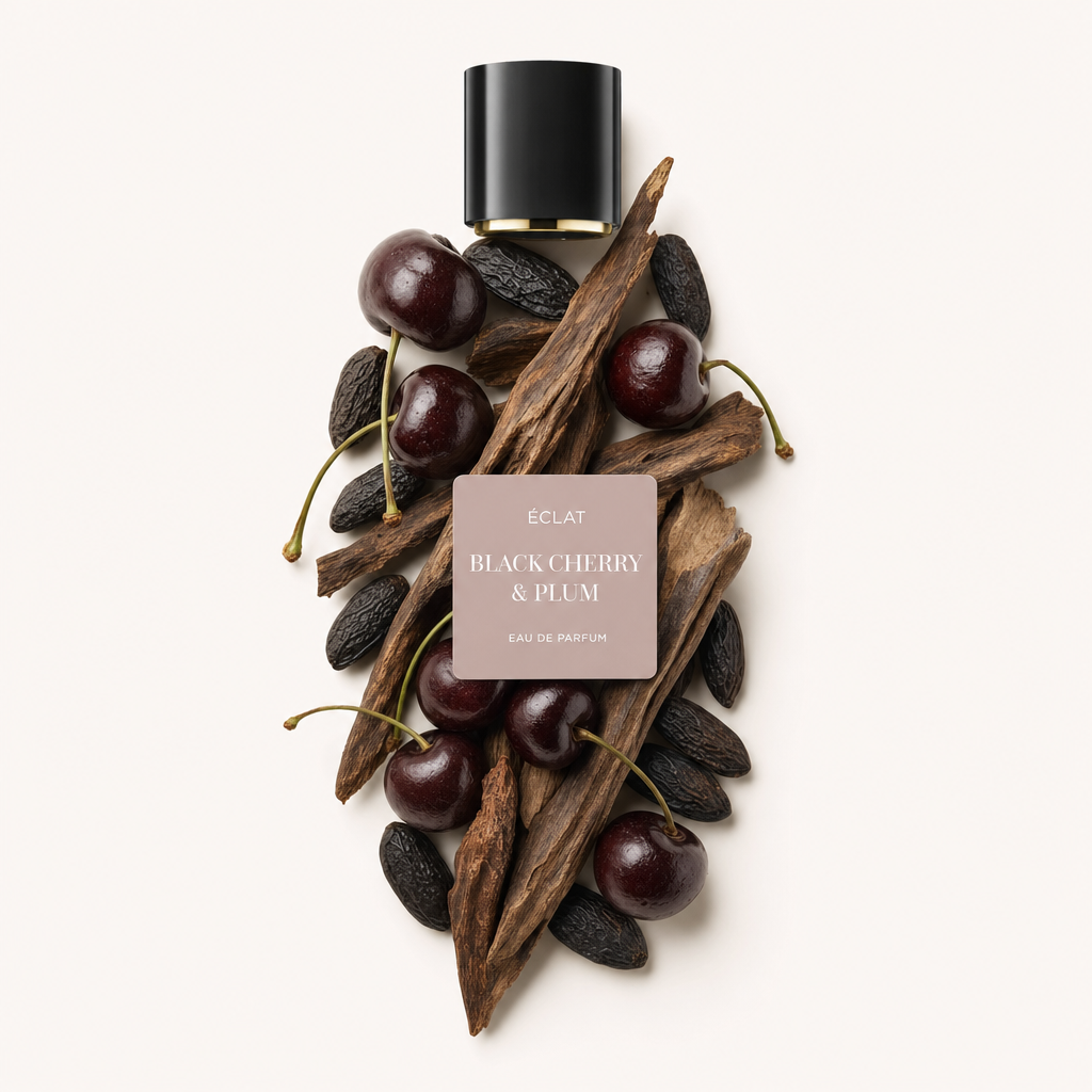 Ein Arrangement aus dunklen Kirschen, Pflaumenholz und Tonkabohnen umgibt eine schwarze Verschlusskappe mit ÉCLAT Black Cherry & Plum Etikett.