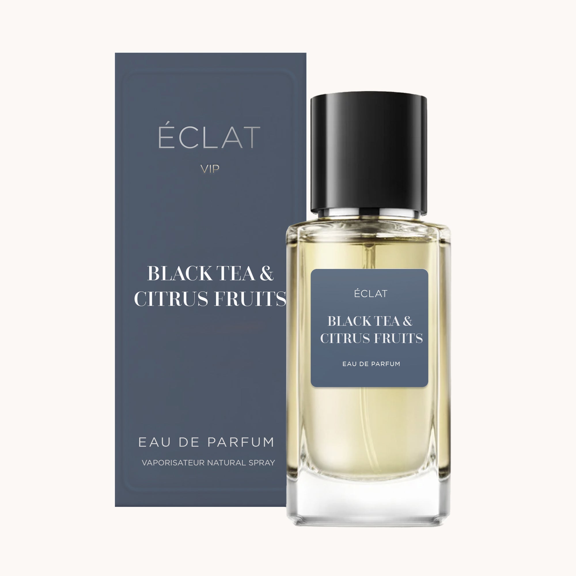 ÉCLAT VIP Black Tea & Citrus Fruits Parfümflakon mit dunkelblauem Etikett und passender Box.
