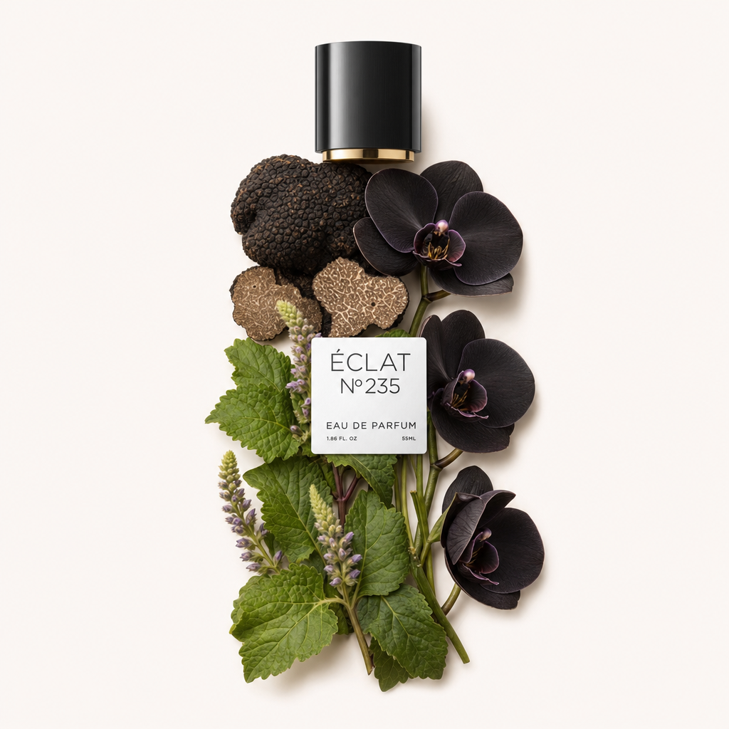 Ein von Hand arrangiertes Stillleben aus schwarzen Trüffeln, geschnittenen Trüffeln, schwarzen Orchideen und grünen Blättern umrahmt eine schwarze Kappe mit ÉCLAT Black Truffle & Orchid Etikett.