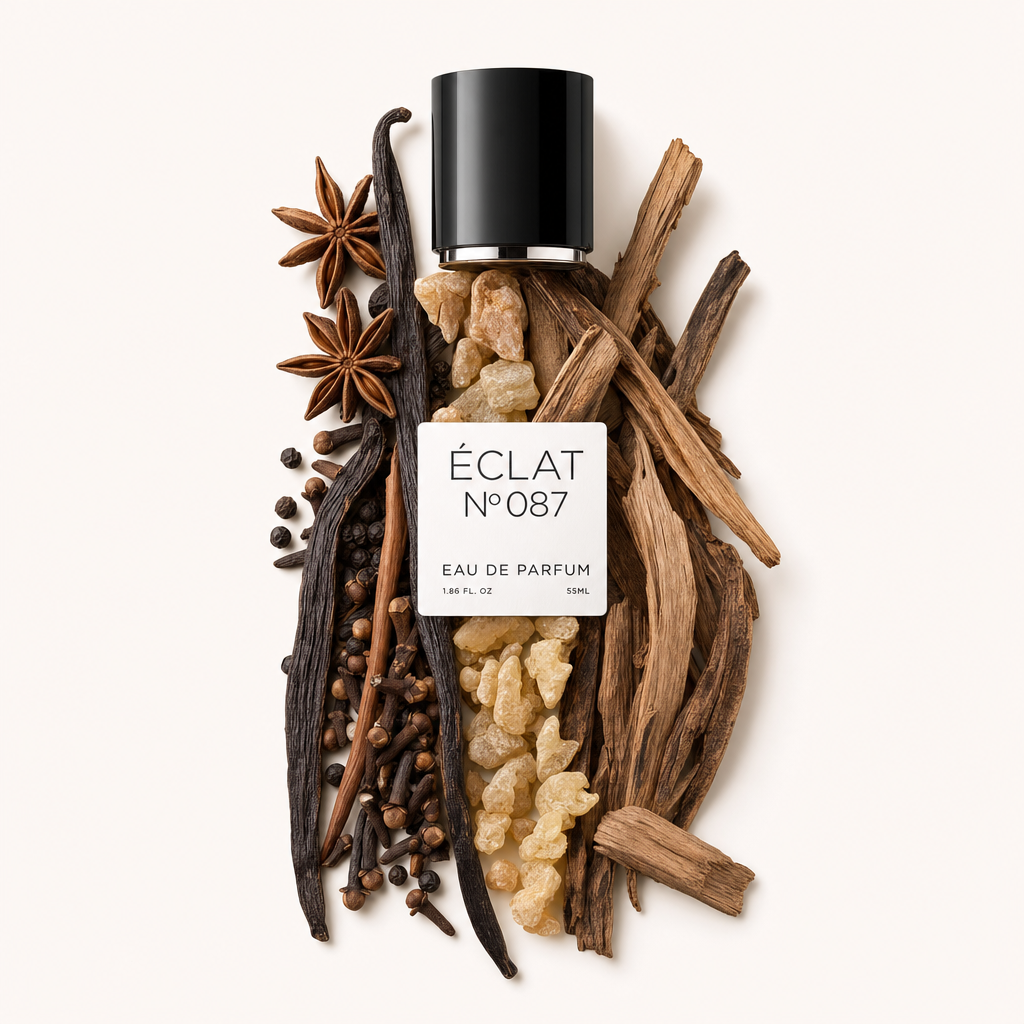 Ein Arrangement aus Sternanis, Vanilleschoten, Pfefferkörnern und holzigen Elementen umgibt eine schwarze Kappe mit ÉCLAT Black Woods Etikett.