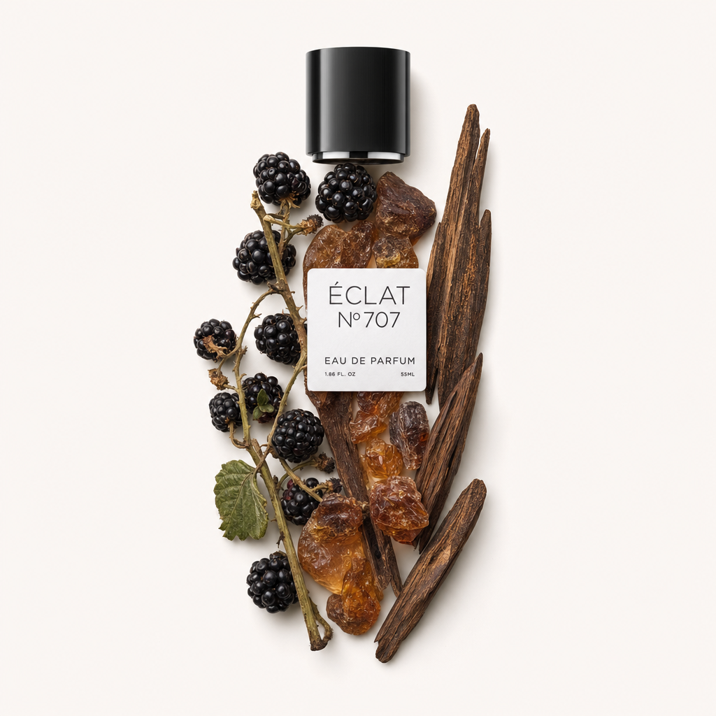 Ein Arrangement aus Brombeeren, Amberharzen und Holzstäben umgibt die originale schwarze Kappe mit Etikett von ÉCLAT 707 VIP.
