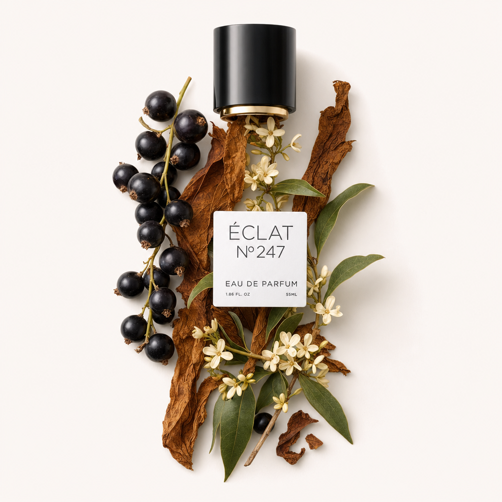 Ein Arrangement aus schwarzen Johannisbeeren, Osmanthus-Blüten und Tabakblättern umgibt eine schwarze Verschlusskappe mit Etikett für ÉCLAT 247 VIP.