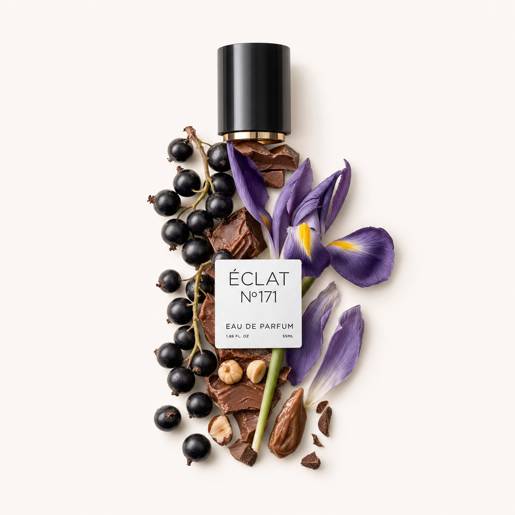 Ein Arrangement aus schwarzen Johannisbeeren, Pralinen-Schokolade und violetten Irisblüten mit der originalen schwarzen Kappe von ÉCLAT, verziert mit einem Etikett.