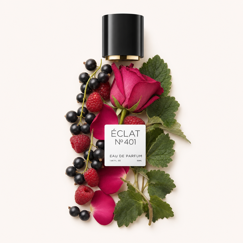 Ein Arrangement aus schwarzen Johannisbeeren, Himbeeren, einer pinken Rose und grünen Blättern umgibt eine schwarze Kappe mit Etikett für ÉCLAT Blackcurrant & Raspberry.