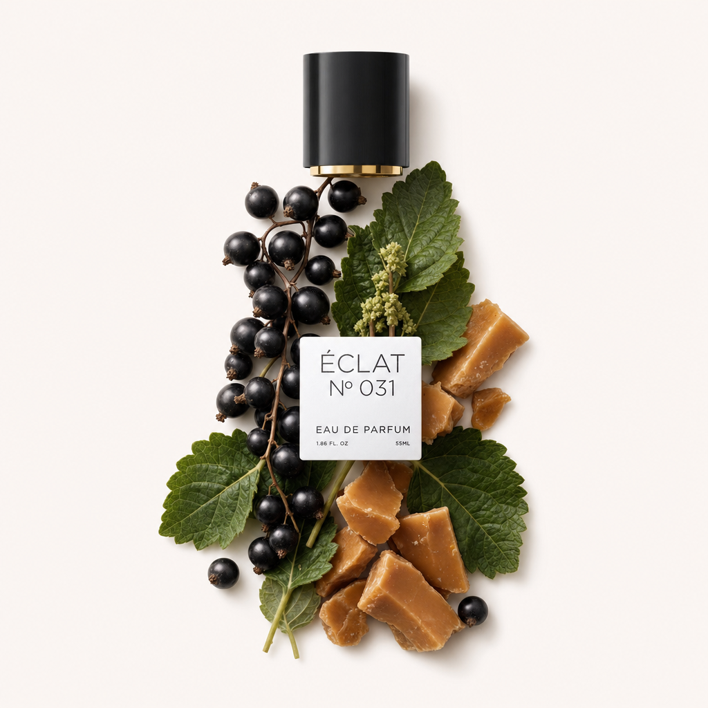 Ein Arrangement aus schwarzen Johannisbeeren und Toffeestücken mit grünen Blättern umgibt eine schwarze Kappe mit dem ÉCLAT Blackcurrant & Toffee Etikett.