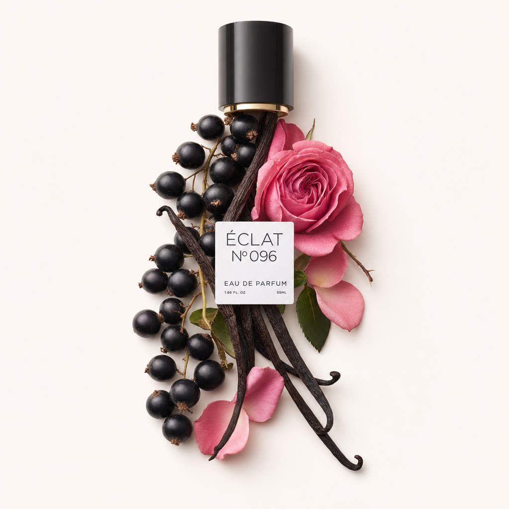 Ein kunstvolles Arrangement aus schwarzen Johannisbeeren, Vanilleschoten und rosa Rosenblütenblättern um eine schwarze Kappe mit ÉCLAT-Etikett.