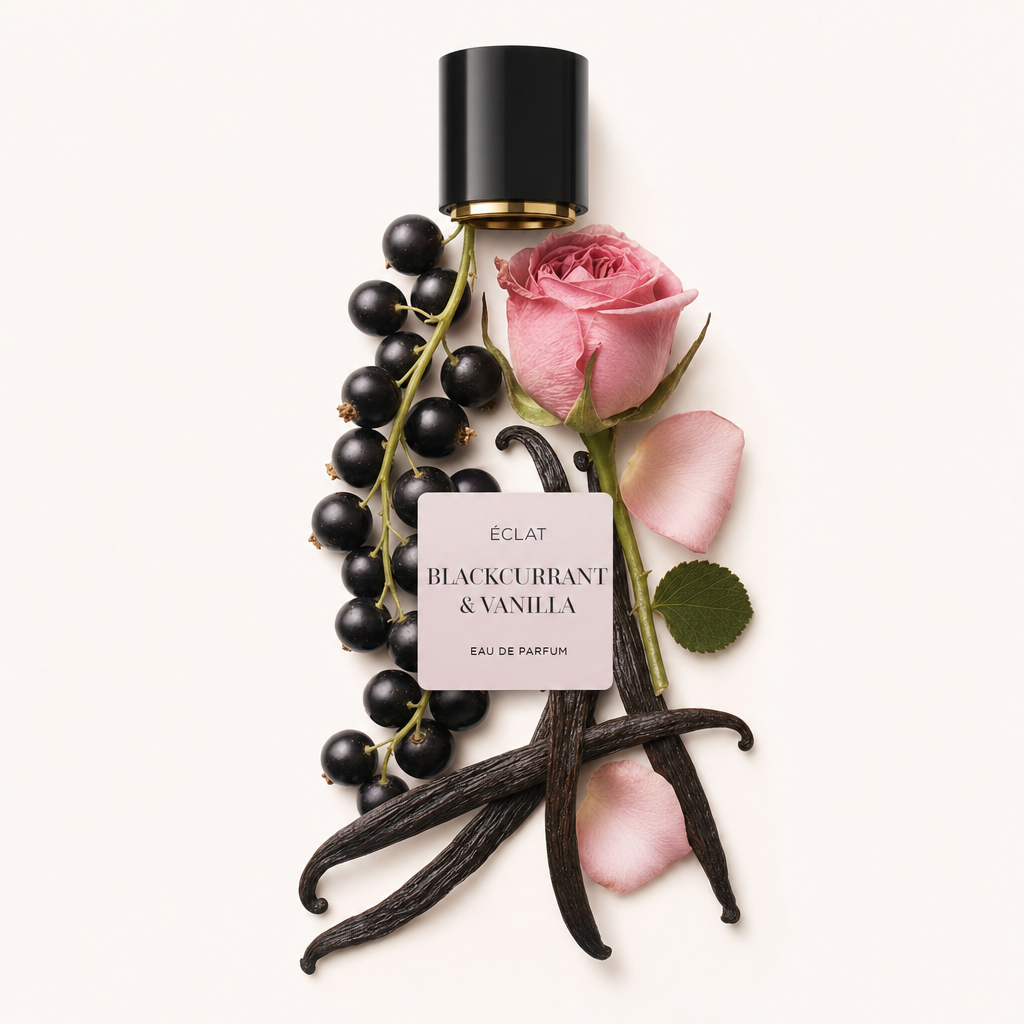 Ein Arrangement aus schwarzen Johannisbeeren, einer rosa Rose und Vanilleschoten neben einer schwarzen Kappe mit Etikett von ÉCLAT Blackcurrant & Vanilla.
