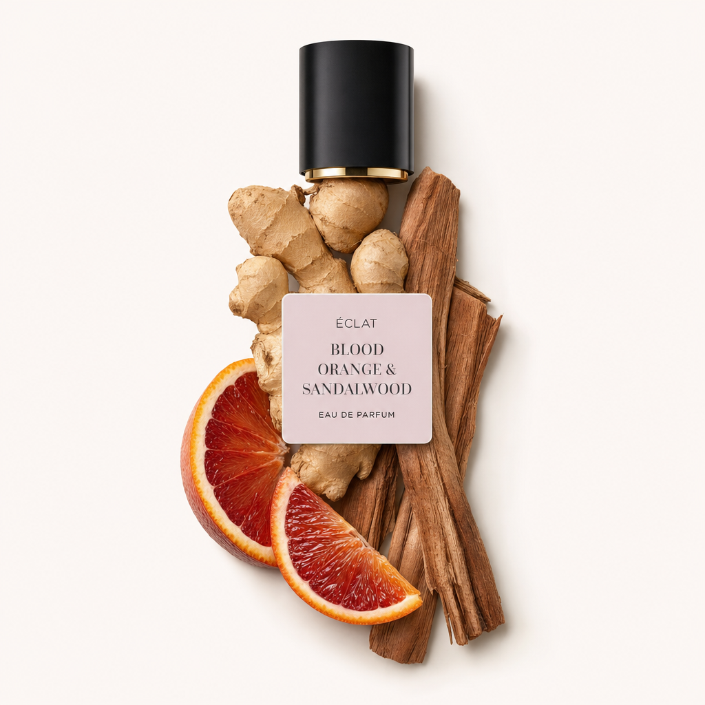 Ein Arrangement aus Ingwerwurzeln, Blutorangenscheiben und Sandelholzstangen ist kunstvoll um eine schwarze Kappe mit ÉCLAT Blood Orange & Sandalwood Etikett drapiert.