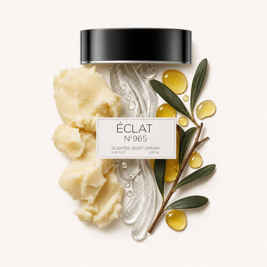 Eine schwarze Kappe mit Etikett für ÉCLAT 965 Body Cream ist umgeben von cremefarbener Butter, klarem Gel, bernsteinfarbenen Tropfen und grünen Blättern.