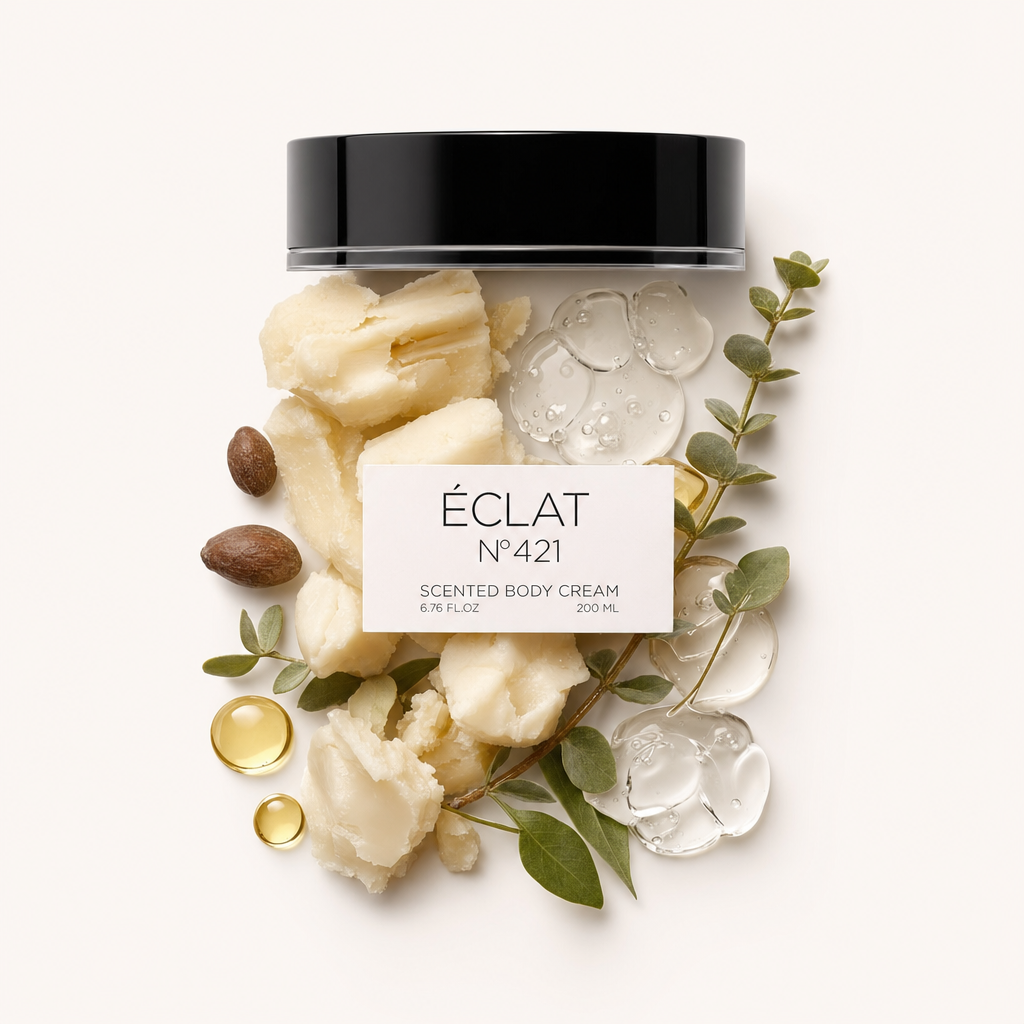 Ein raffiniertes Arrangement aus rohen Body-Cream-Zutaten neben einer schwarzen Verschlusskappe mit Etikett, die die ÉCLAT 421 Body Cream zeigt.