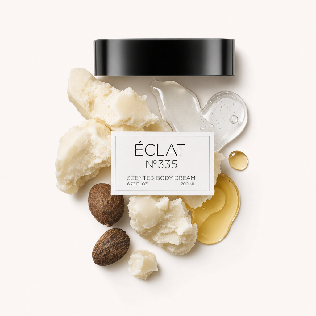 Ein Arrangement aus Sheabutter, Nüssen und flüssigen Extrakten umgibt eine schwarze Kappe mit ÉCLAT 335 Etikett.