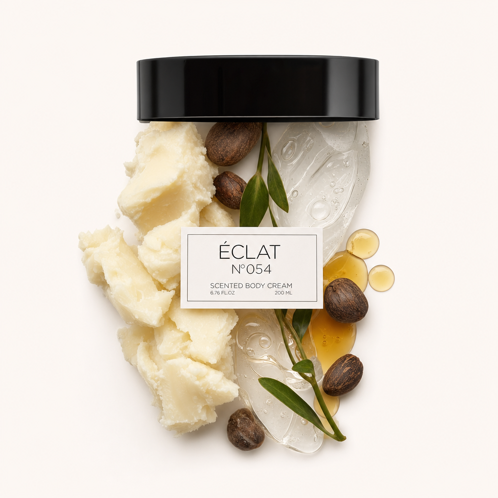 Ein Arrangement aus Sheabutter, Nüssen, klarem Gel und bernsteinfarbenen Tropfen, darüber eine schwarze Kappe mit ÉCLAT 054 Body Cream.