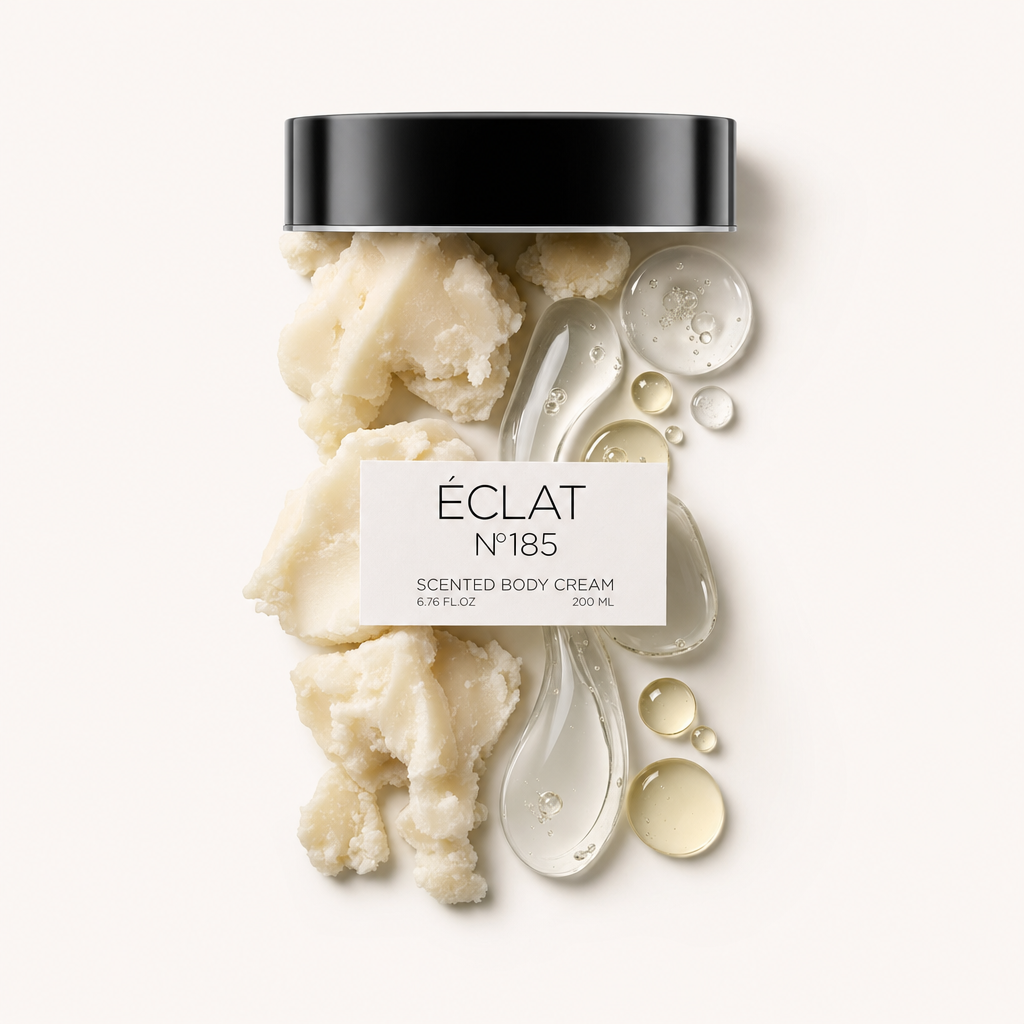 Ein elegantes Arrangement der Zutaten der ÉCLAT 185 Body Cream, mit strukturierter Creme und glänzenden Öltropfen unter einer schwarzen Kappe mit Etikett.