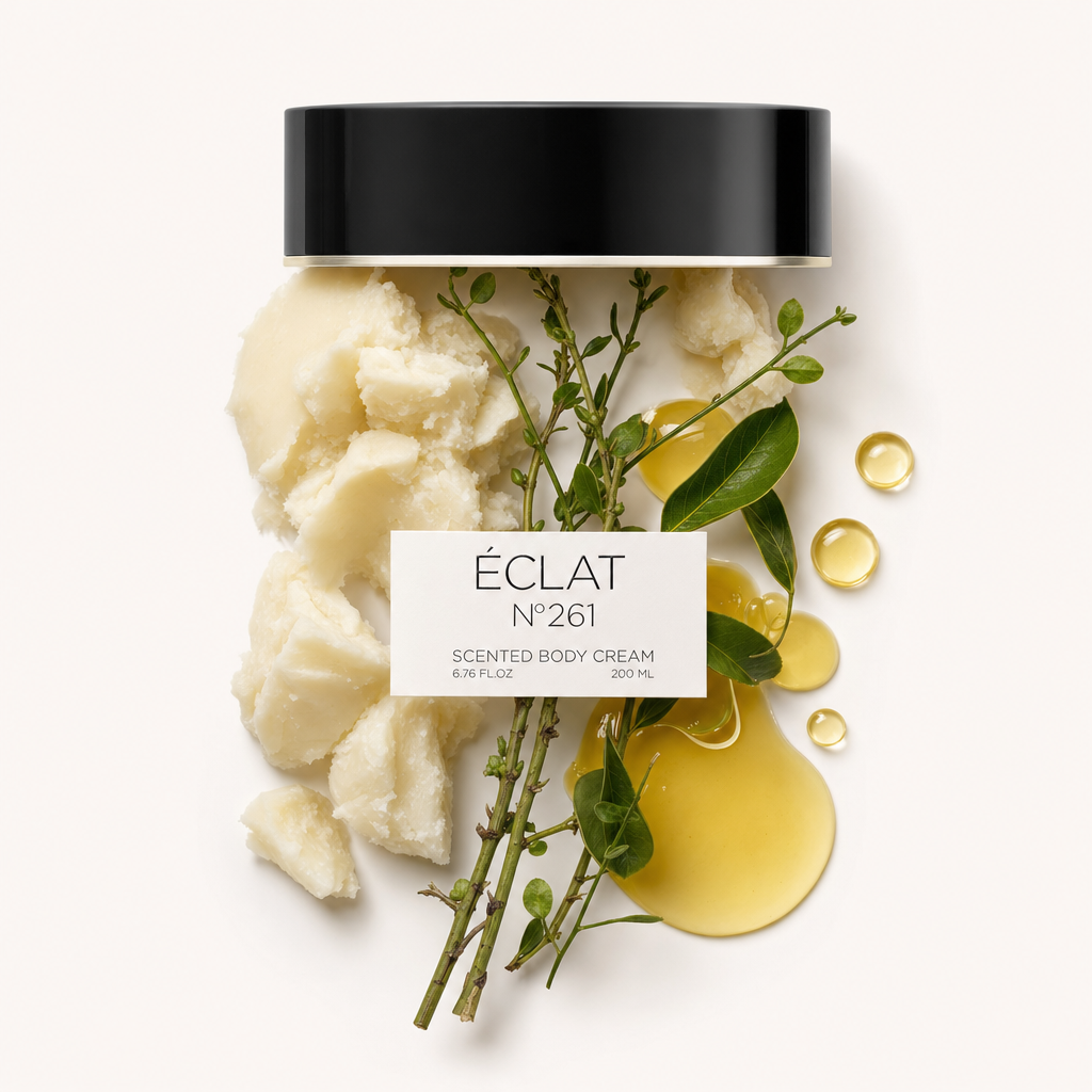 Ein Arrangement aus natürlichen Zutaten wie cremiger Butter, grünen Blättern und goldenen Öltropfen, darüber die originale schwarze ÉCLAT-Kappe mit Etikett.