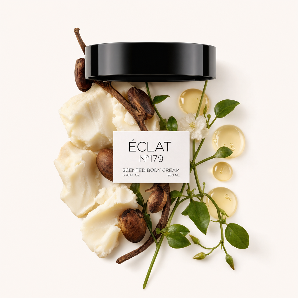 Ein Arrangement aus den Zutaten der ÉCLAT 179 Body Cream mit weißen Cremestücken, braunen Nüssen, grünen Blättern und floralen Akzenten, dazu eine schwarze Verschlusskappe mit Etikett.