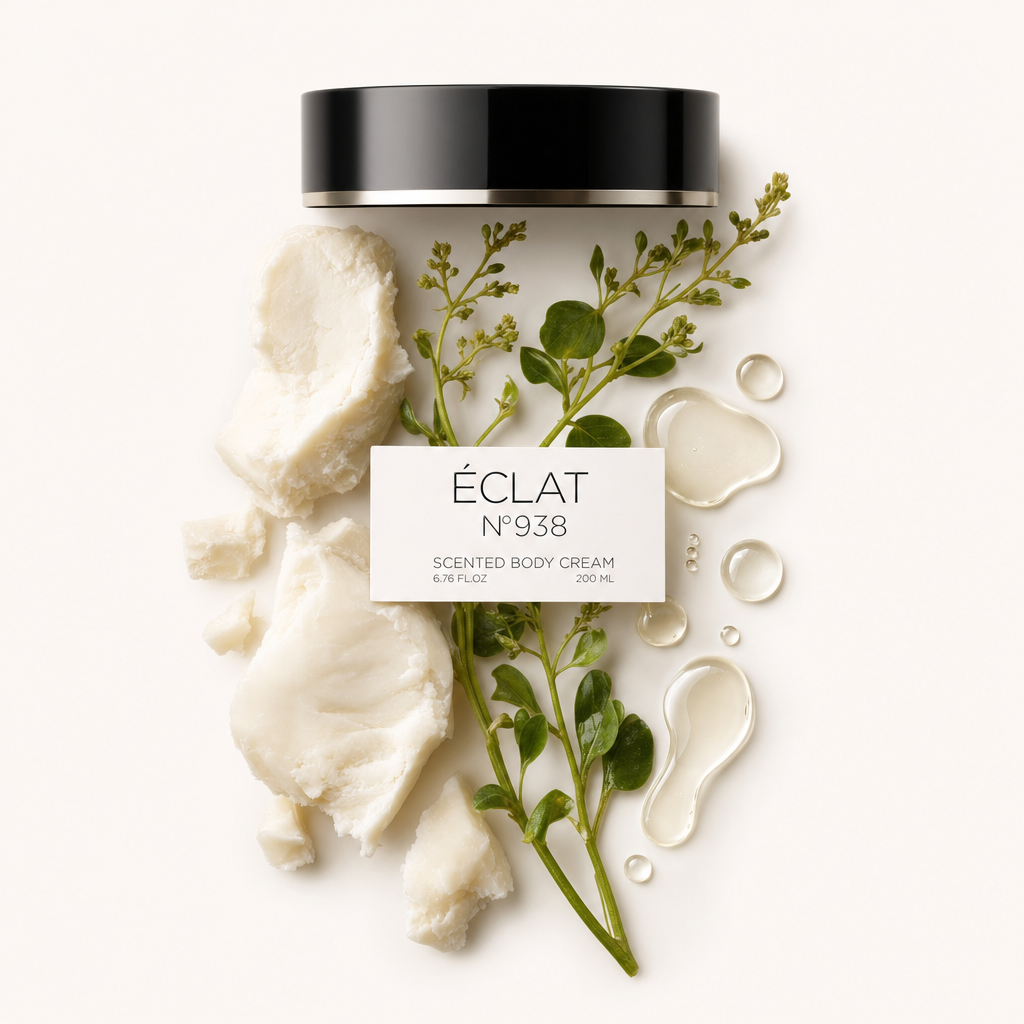Ein Arrangement aus weißer, cremiger Body-Cream, frischen grünen Blättern und klaren Tropfen neben einer schwarzen Kappe mit dem ÉCLAT 938 Etikett.