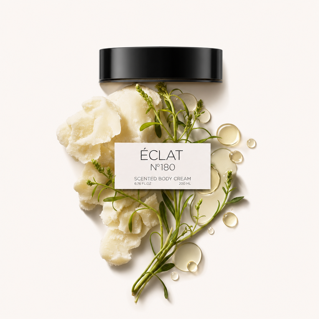 Ein Arrangement aus cremig weißen botanischen Elementen mit grünen Zweigen und Öltropfen umgibt eine schwarze Kappe mit der Aufschrift "ÉCLAT N°180 Scented Body Cream".