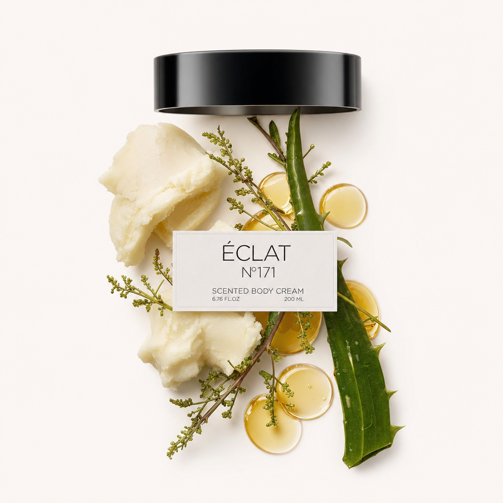 Ein Arrangement aus Aloe-Blatt, cremiger Substanz und zarten Zweigen mit gelben Flüssigkeitstropfen, begleitet von ÉCLATs schwarzer Kappe mit Etikett.